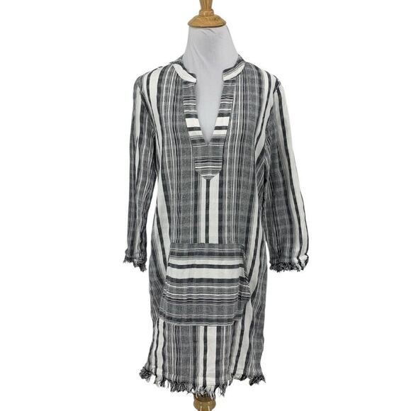 Tommy Bahama Dress Womens M Medium Black White V Neck Cover Up Gauzy Fringe - Picture 1 of 12